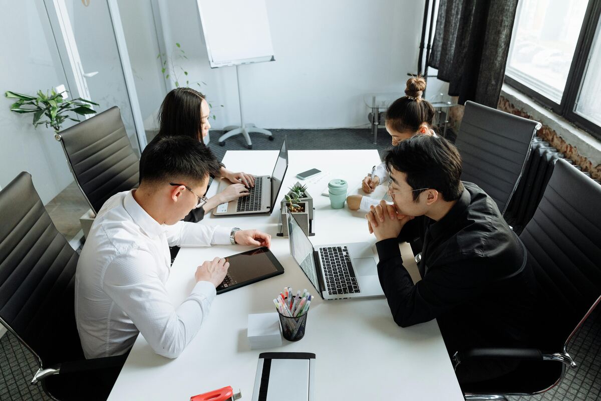 Team collaborating around a table