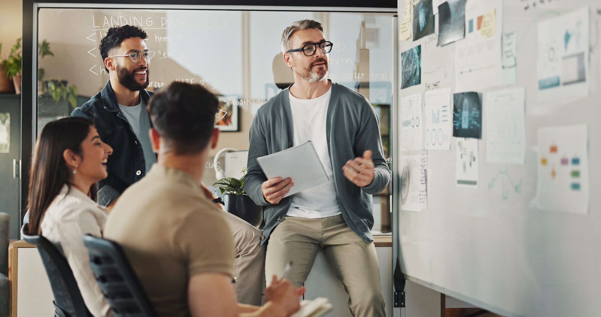 group of people and presentation in office for collaboration, brainstorming and planning. Teamwork, discussion and meeting for project management, employee engagement and business proposal