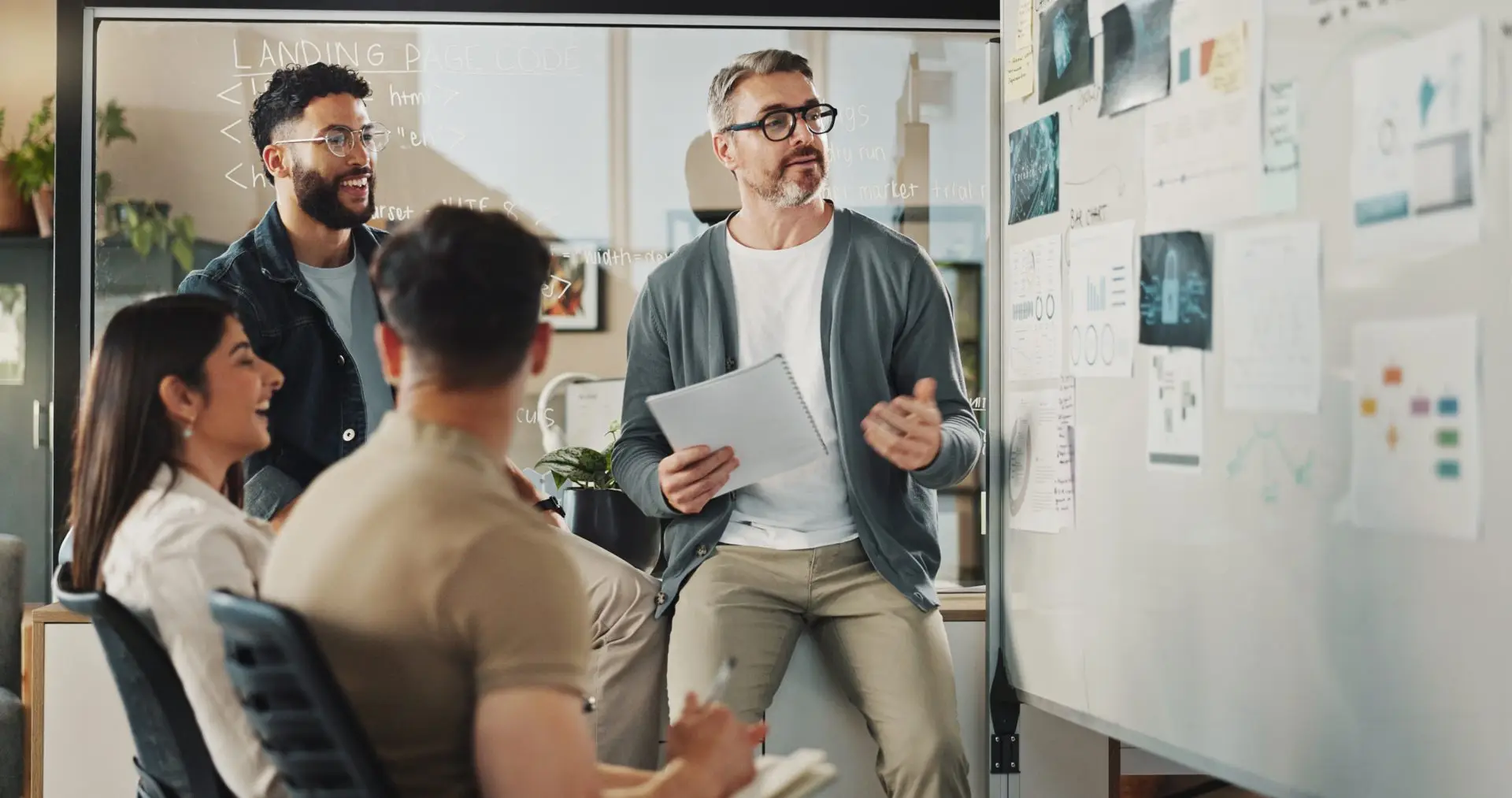 group of people and presentation in office for collaboration, brainstorming and planning. Teamwork, discussion and meeting for project management, employee engagement and business proposal
