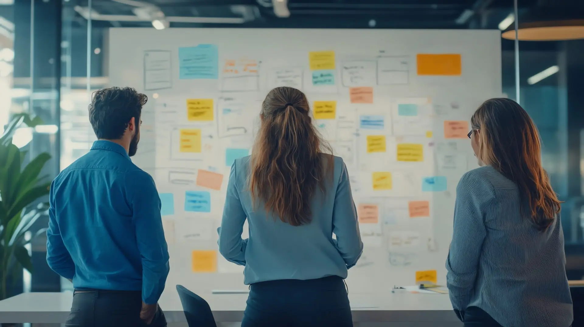 Business team brainstorming ideas on a whiteboard, Business plan, collaborative planning